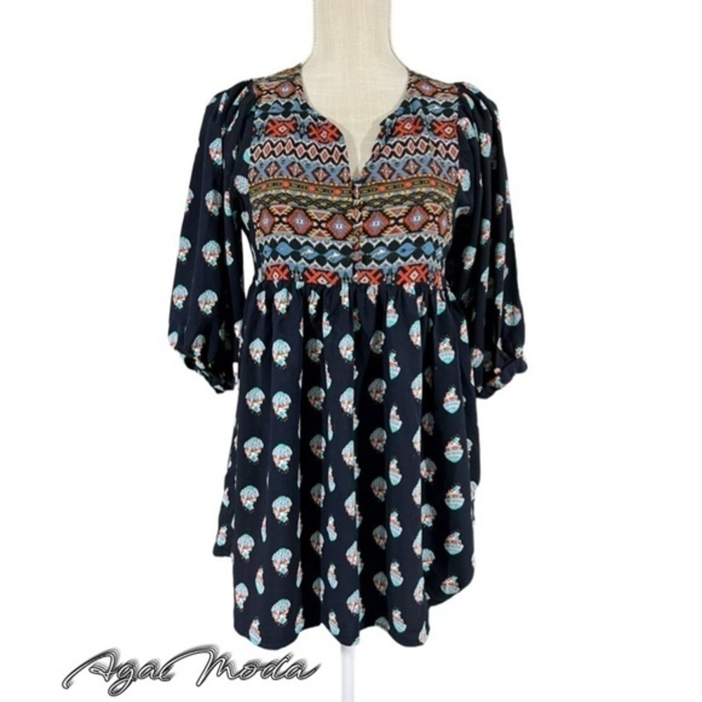 Umgee Flowy Bohemian Style Baby Doll Style Tunic Top with Blouson Sleeves